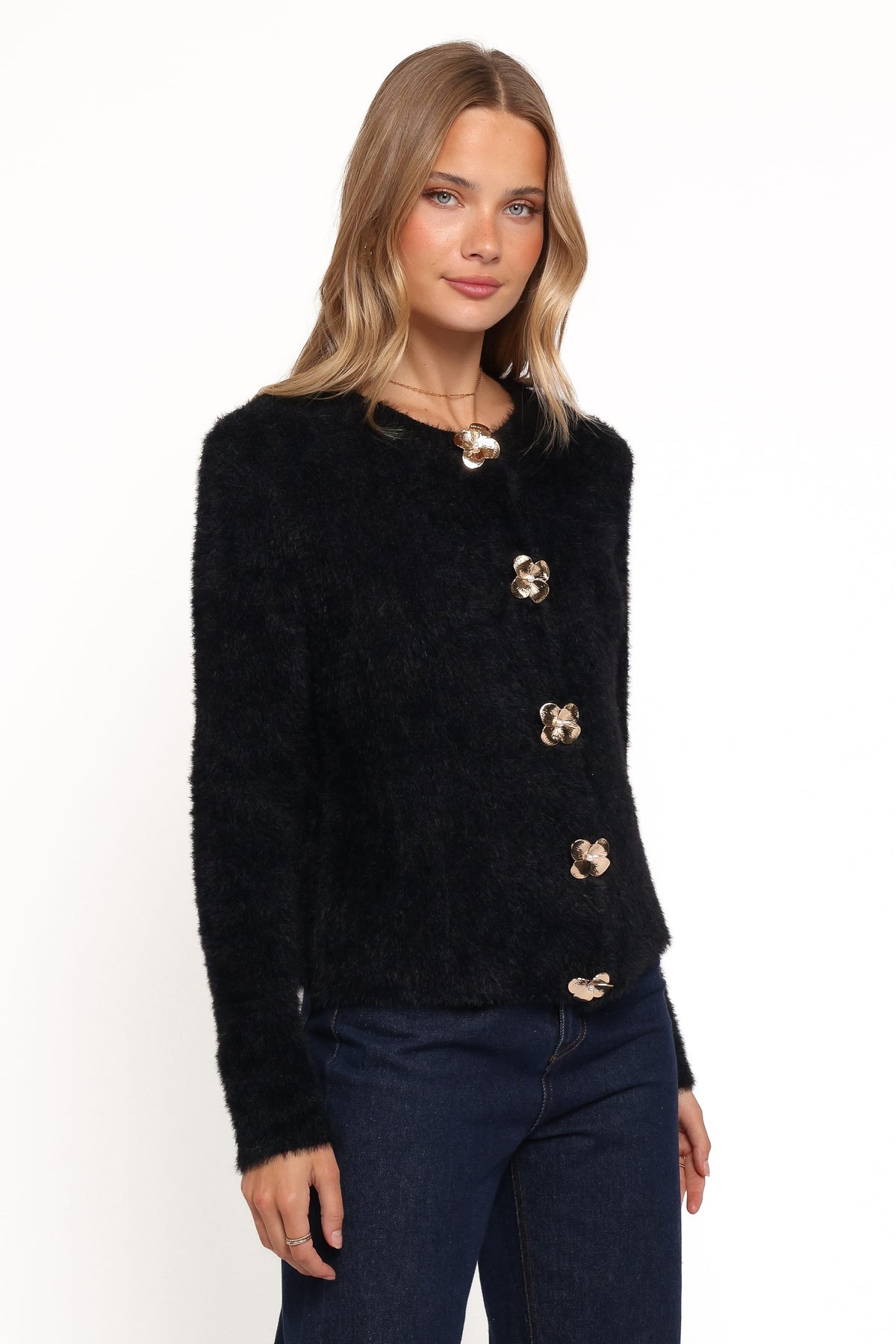 Donna Flower Button Cardigan - Black