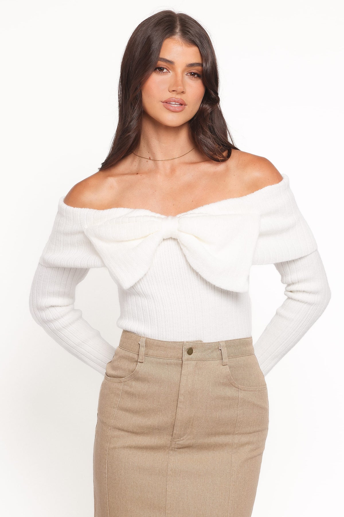 Helene Bow Off Shoulder Knit Sweater - Ivory