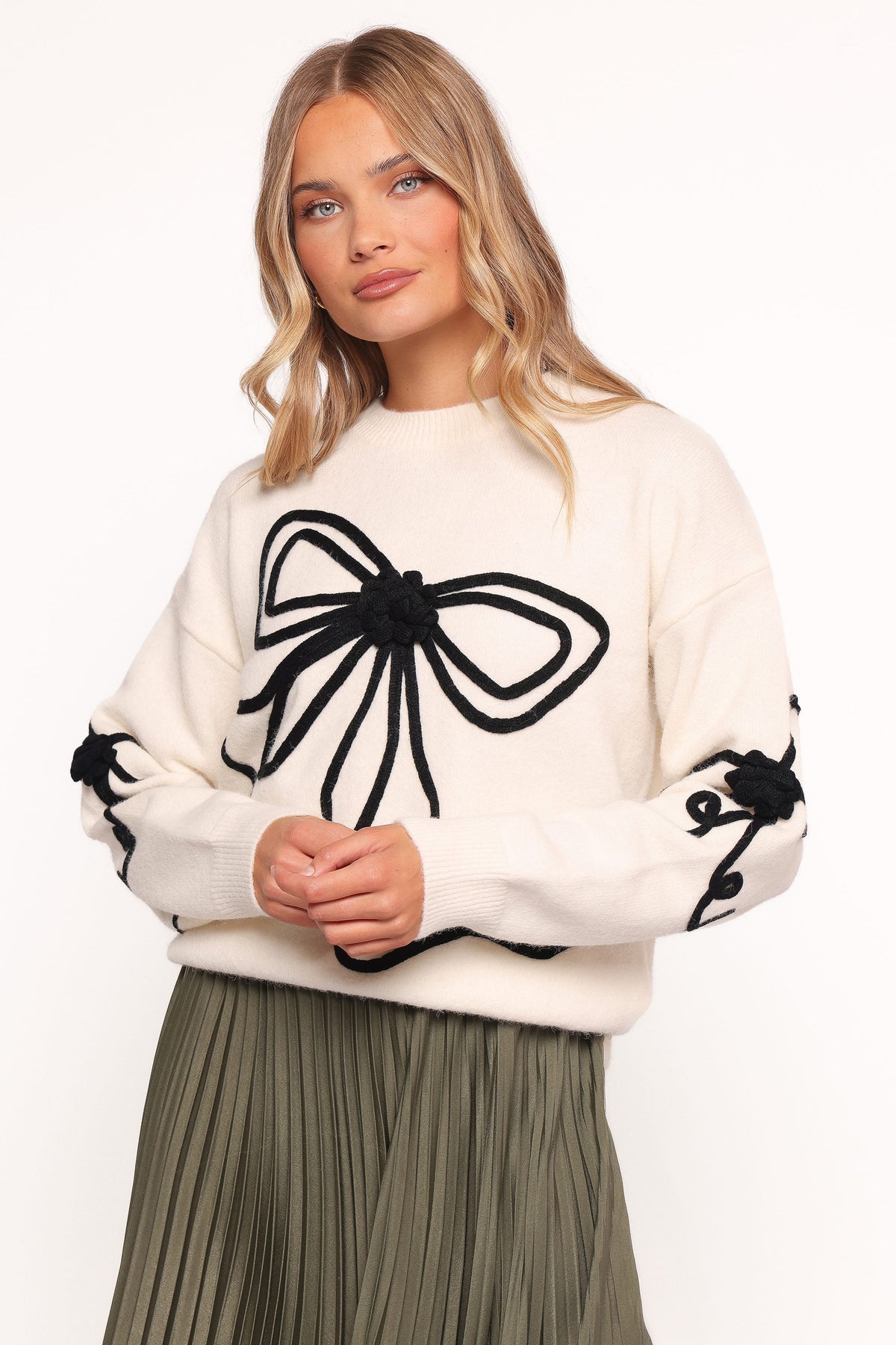 Isiora Bow Embroidered Knit Sweater - Cream