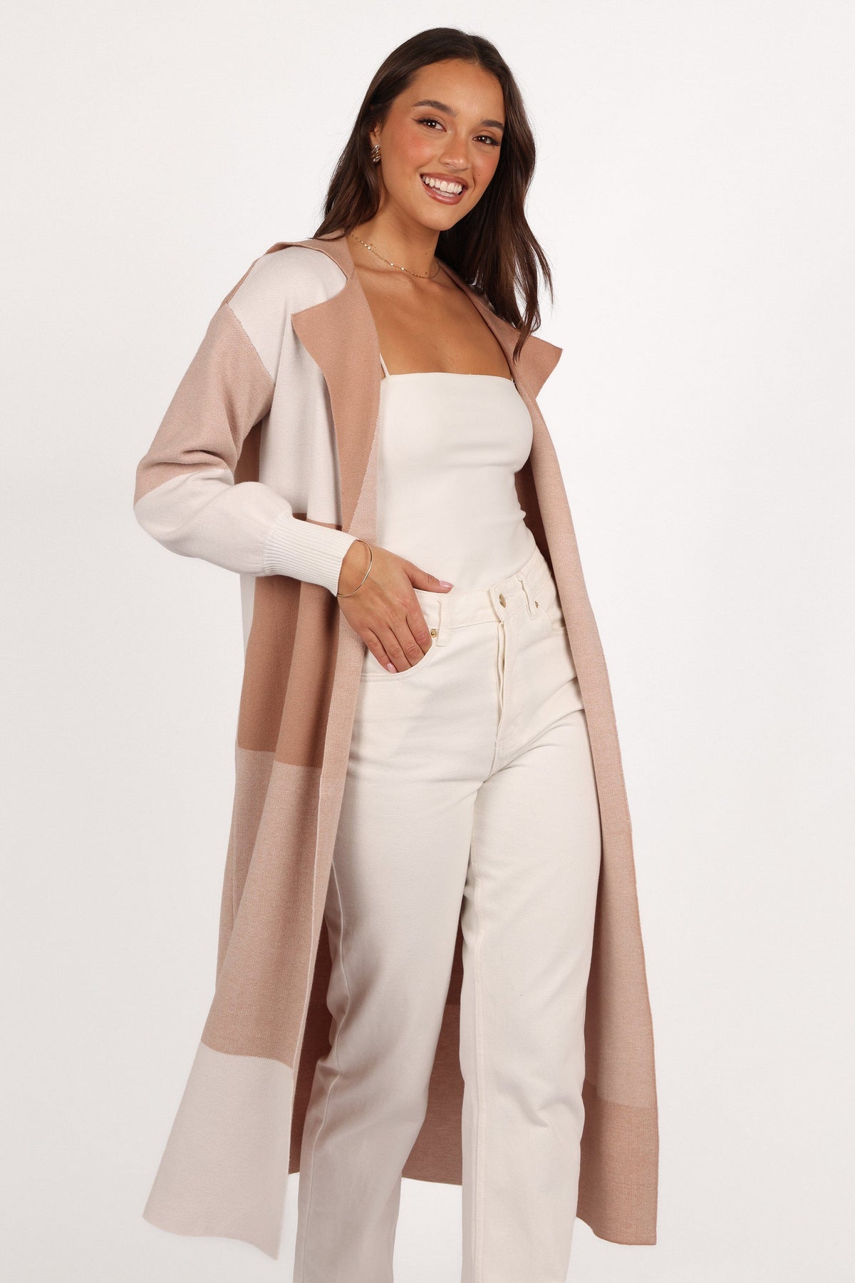 Kingston Large Check Long Cardigan - Beige Check