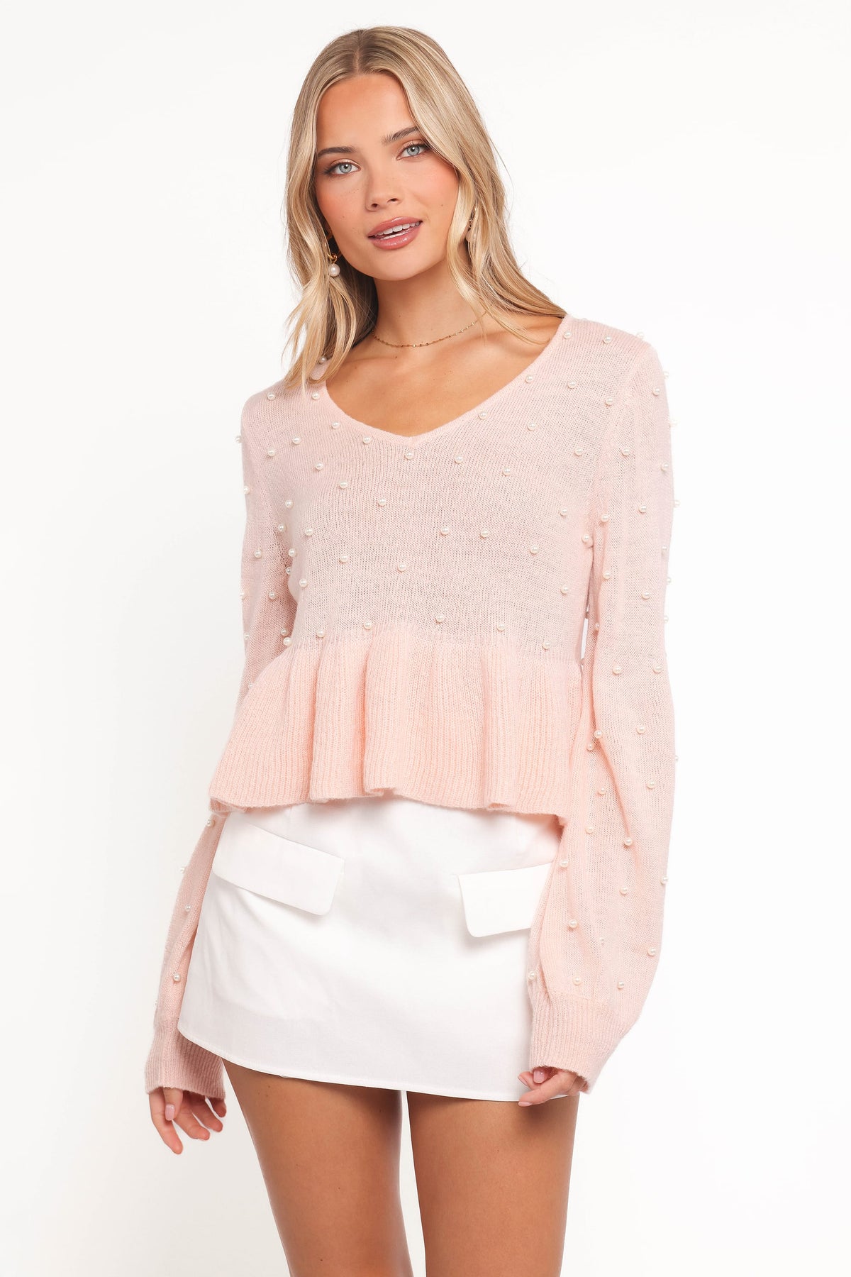 Molly Pearl Peplum Knit Sweater - Light Pink