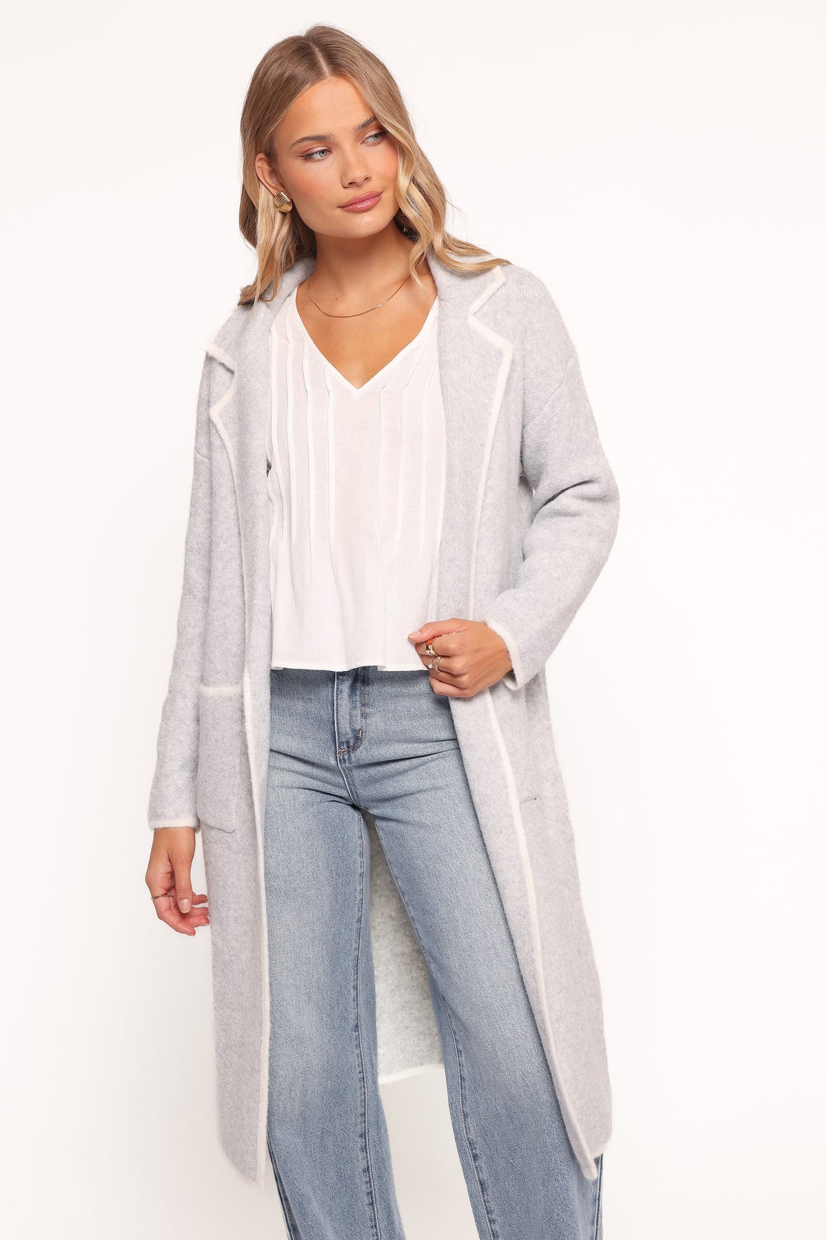Katia Contrast Trim Coatigan - Light Grey