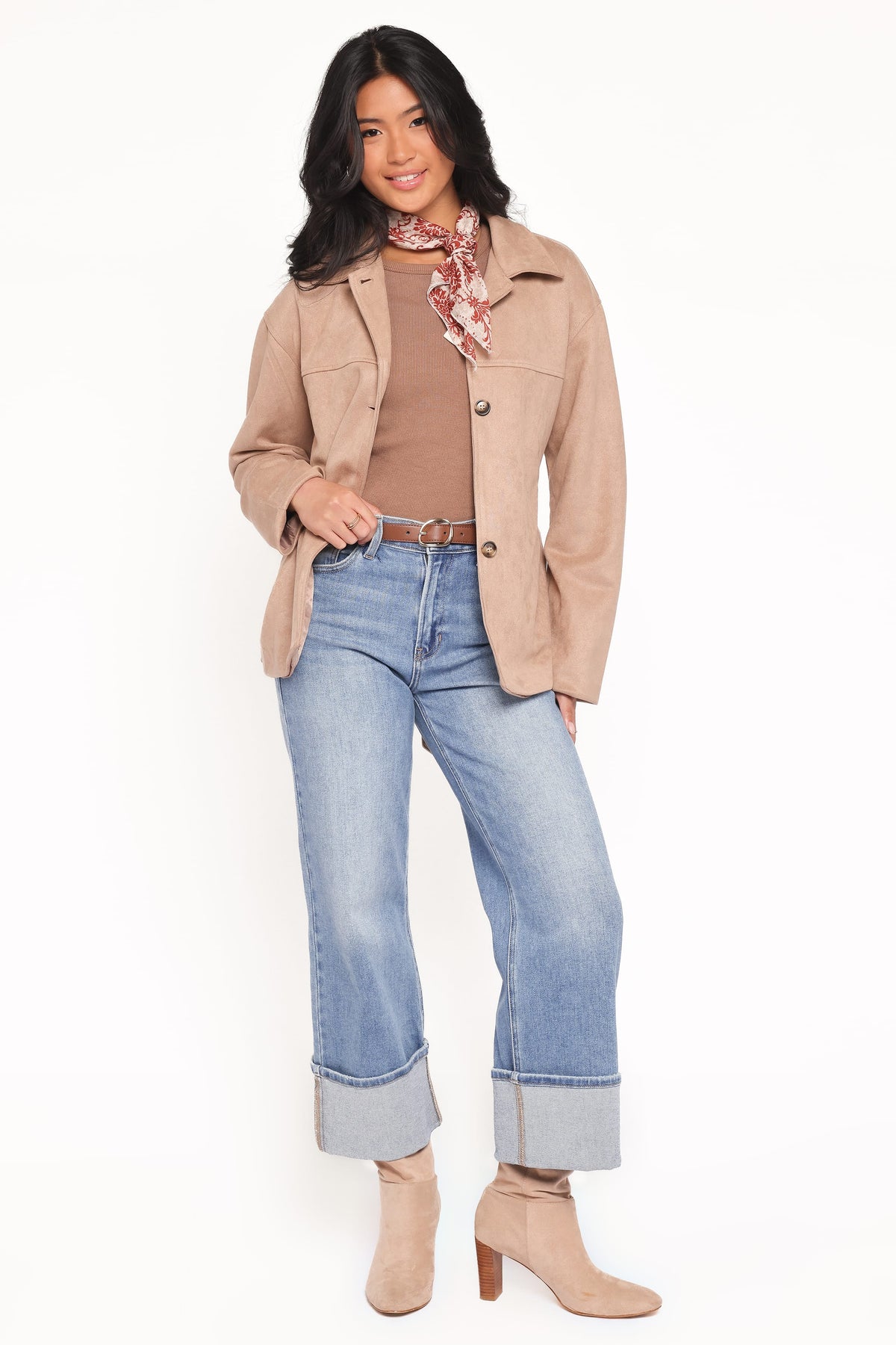Nelly Faux Suede Cropped Trench Coat - Mushroom
