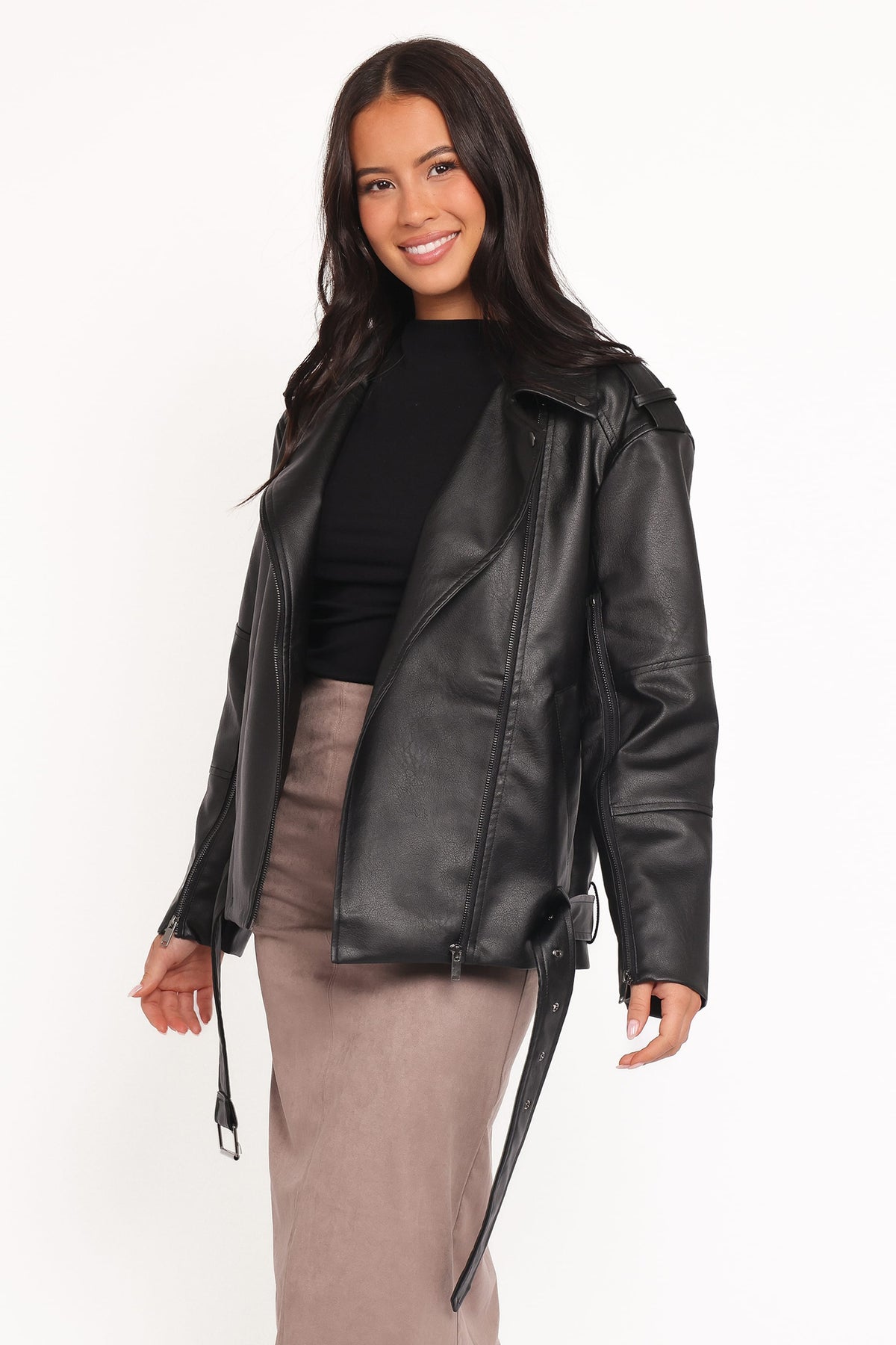 Parsons Oversized Faux Leather Moto Jacket - Black