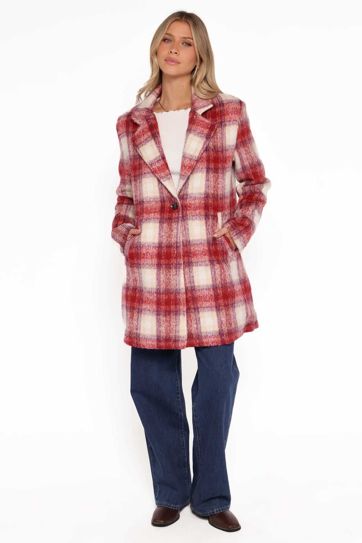 Travistine Long Plaid Coat - Pink