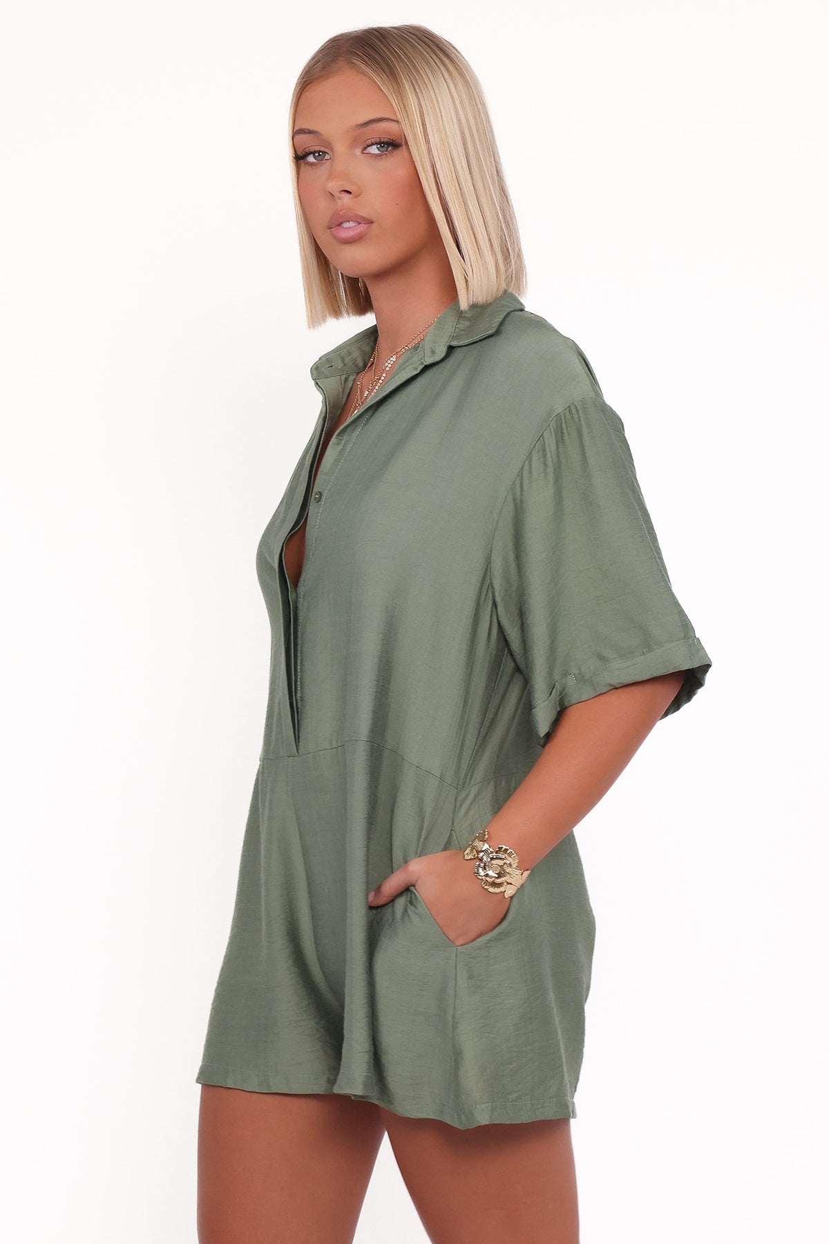 Kiya Drop Waist Romper - Palm Green