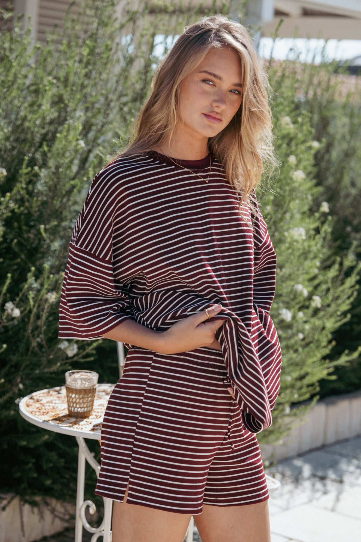 Hellen Stripe Short Set - Burgundy Cream Stripe