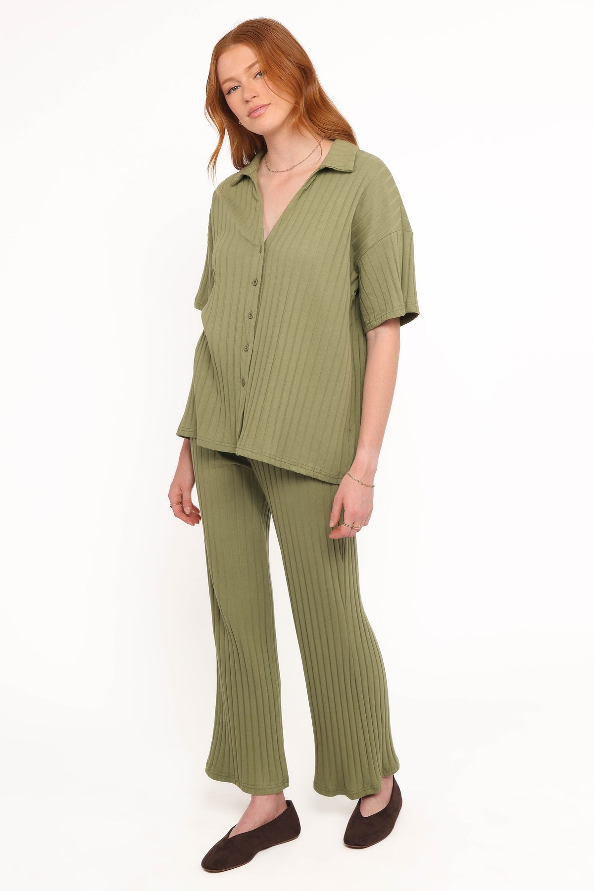 Phillipa Wide Ribbed Shirt Set - Olive