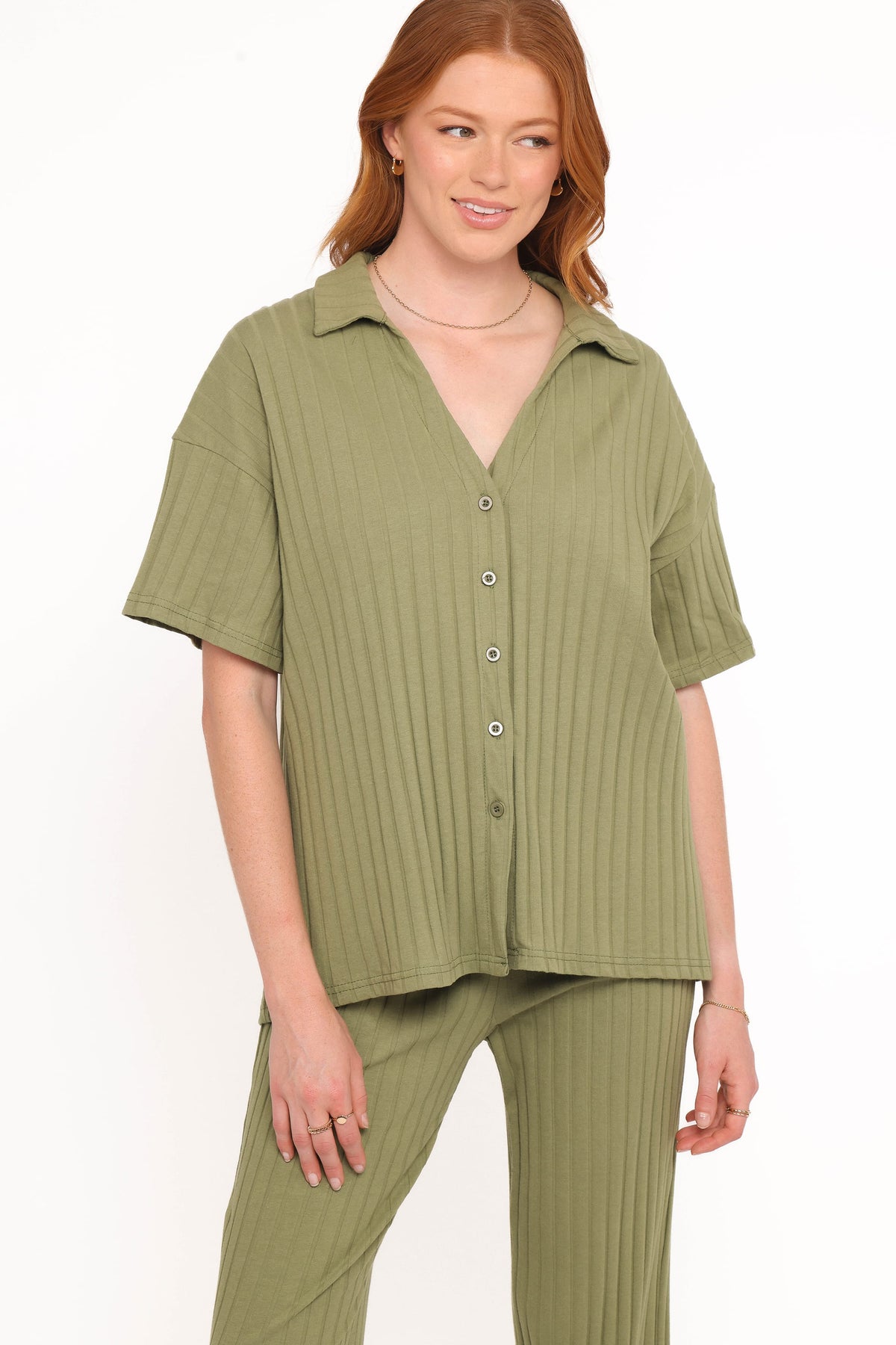 Phillipa Wide Ribbed Shirt Set - Olive