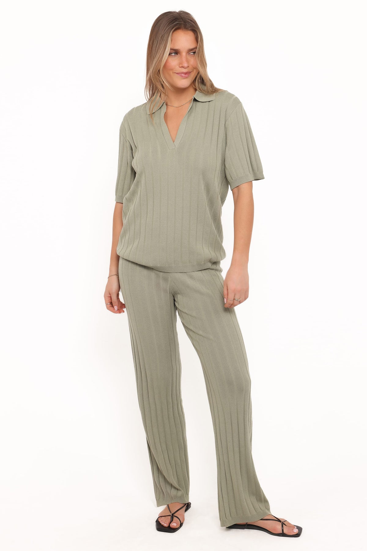 Yulissa Wide Ribbed Pant Set - Khaki Green