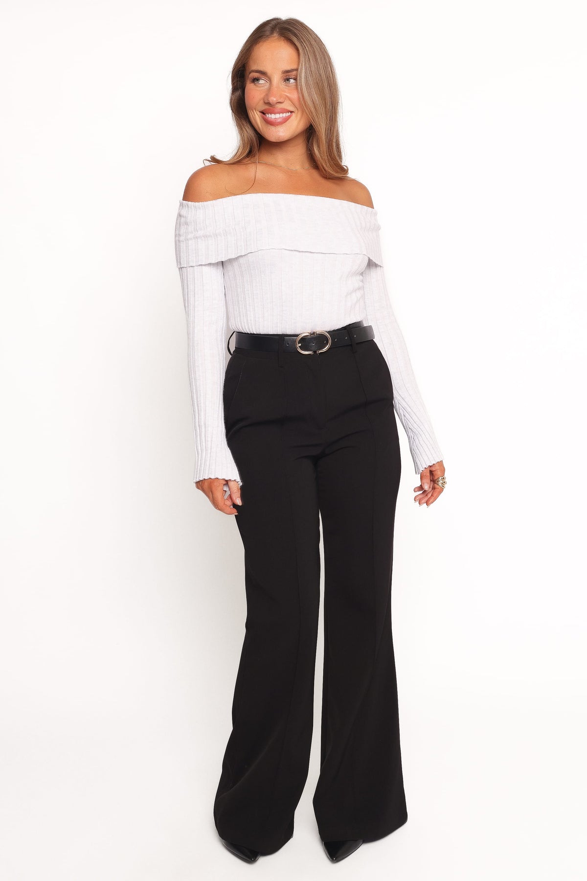 Anderson Wide Rib Off Shoulder Top - Pastel Grey