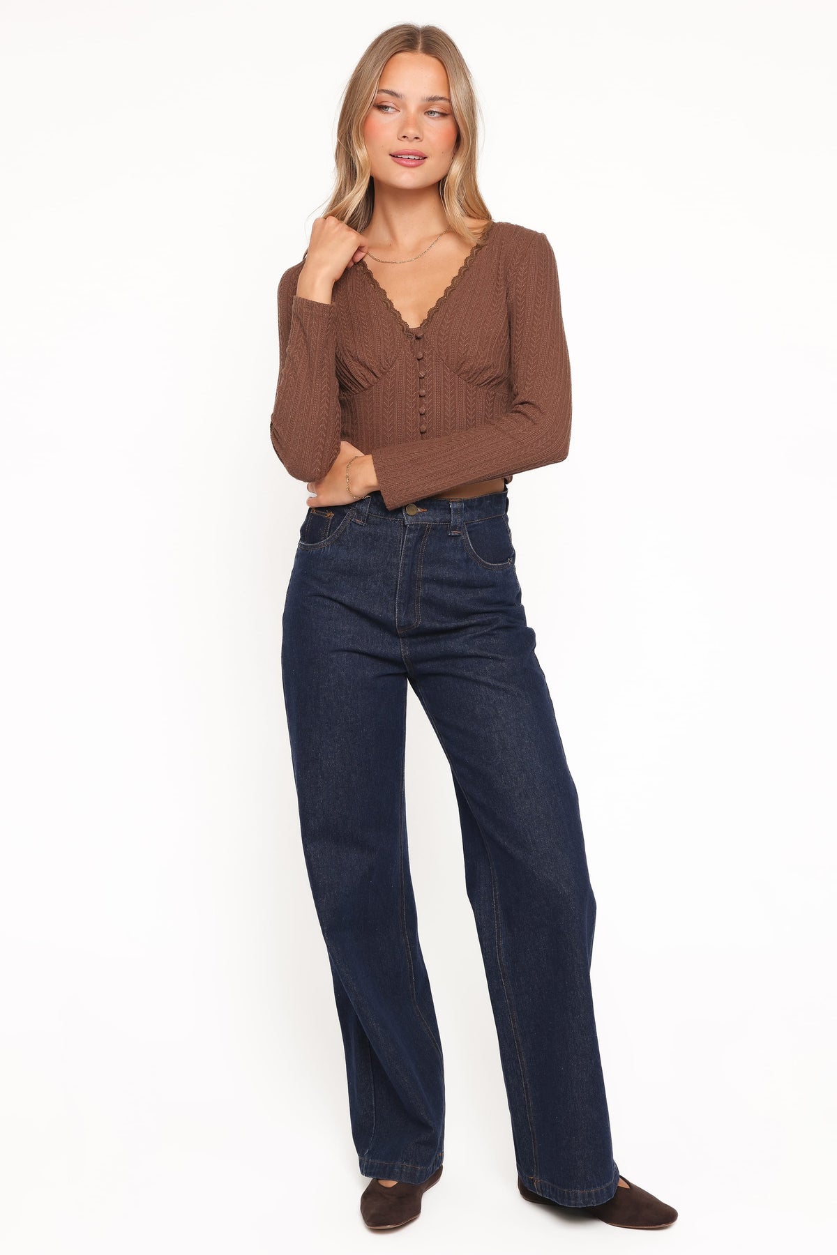 Leslie Long Sleeve Textured Button Front Top - Chocolate