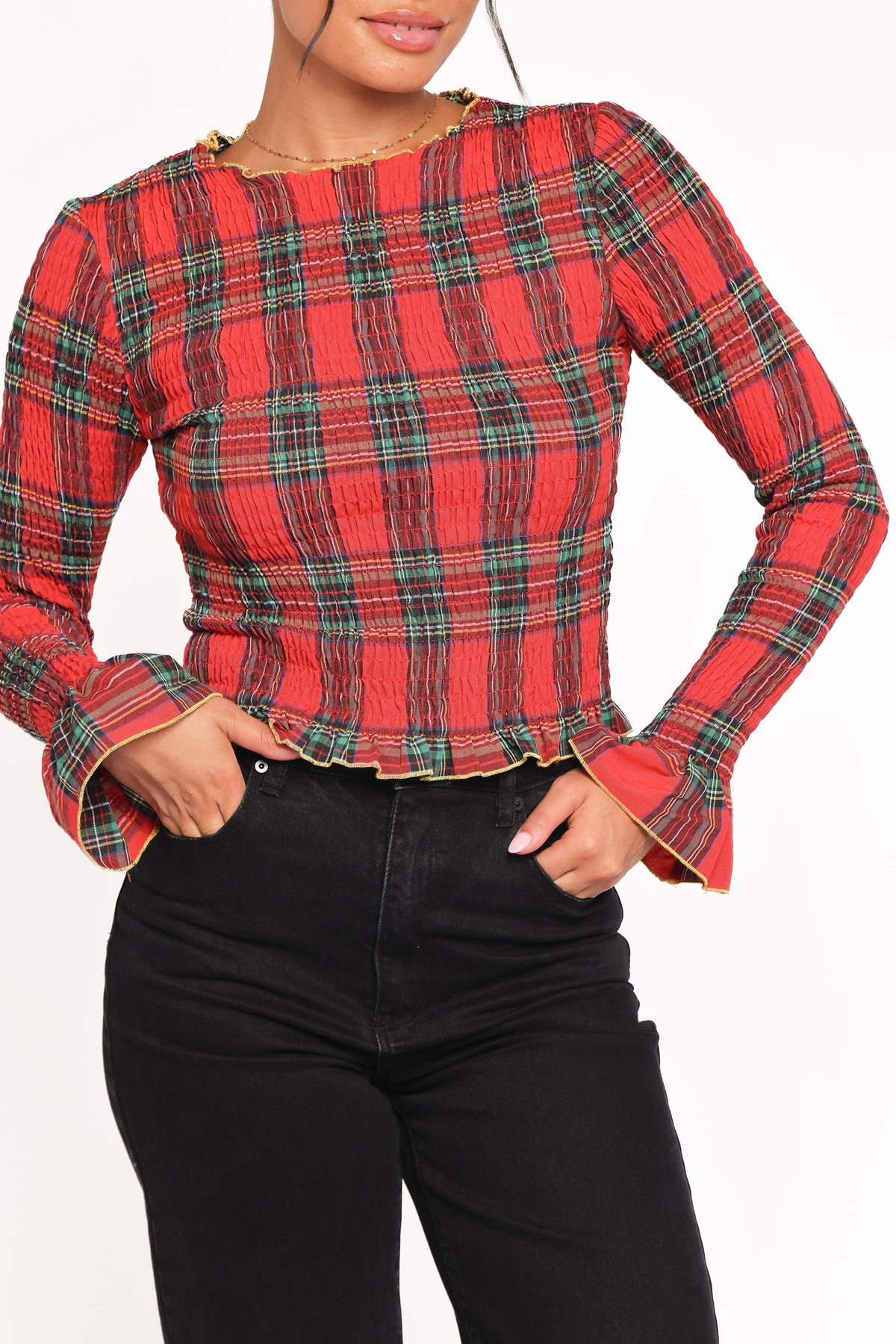 Lillee Ruched Top - Red Plaid