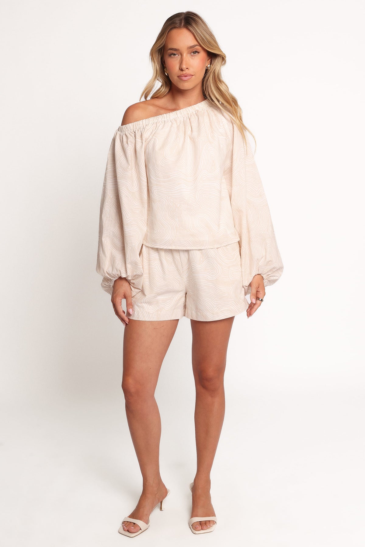 Zion Off Shoulder Long Sleeve Top - Tan Swirl